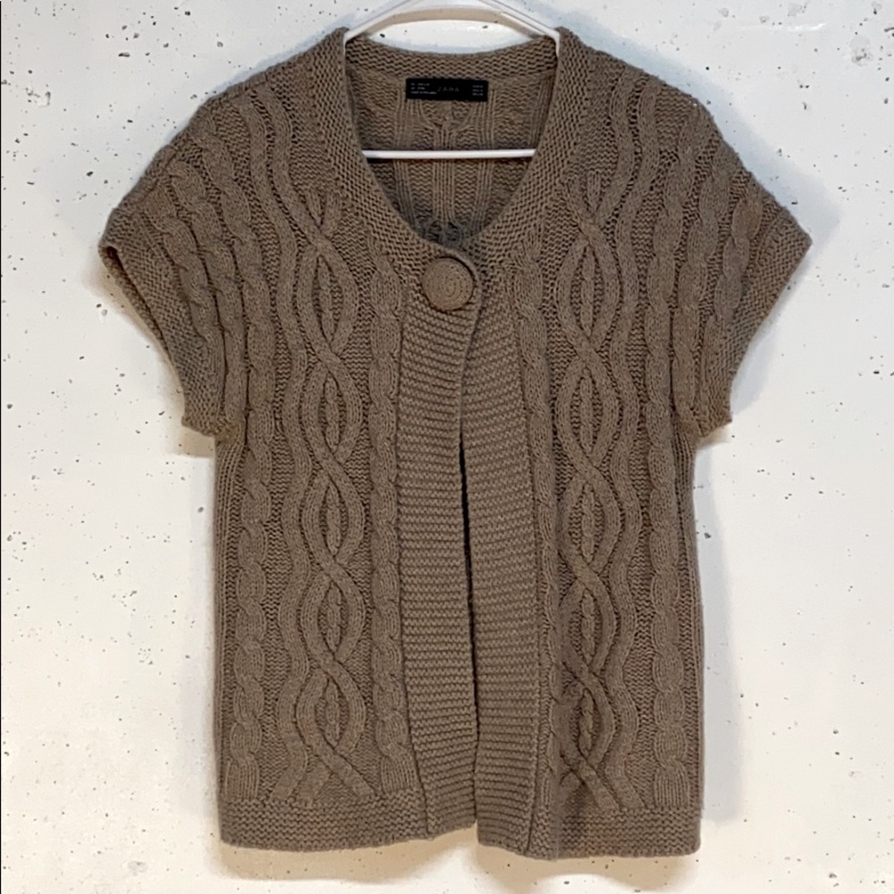 Zara Tan Short Sleeve Cardigan Sweater medium